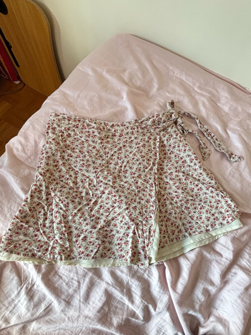 American Eagle Outfitters Cream Mini Wrap Skirt with Pink Floral
